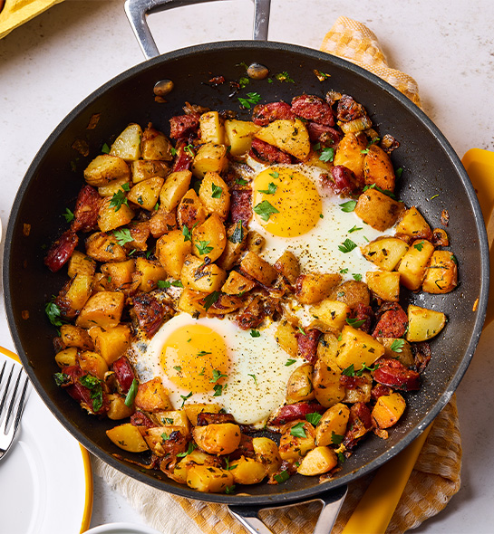 Potato and Chorizo Hash with eggs and paprika mayo