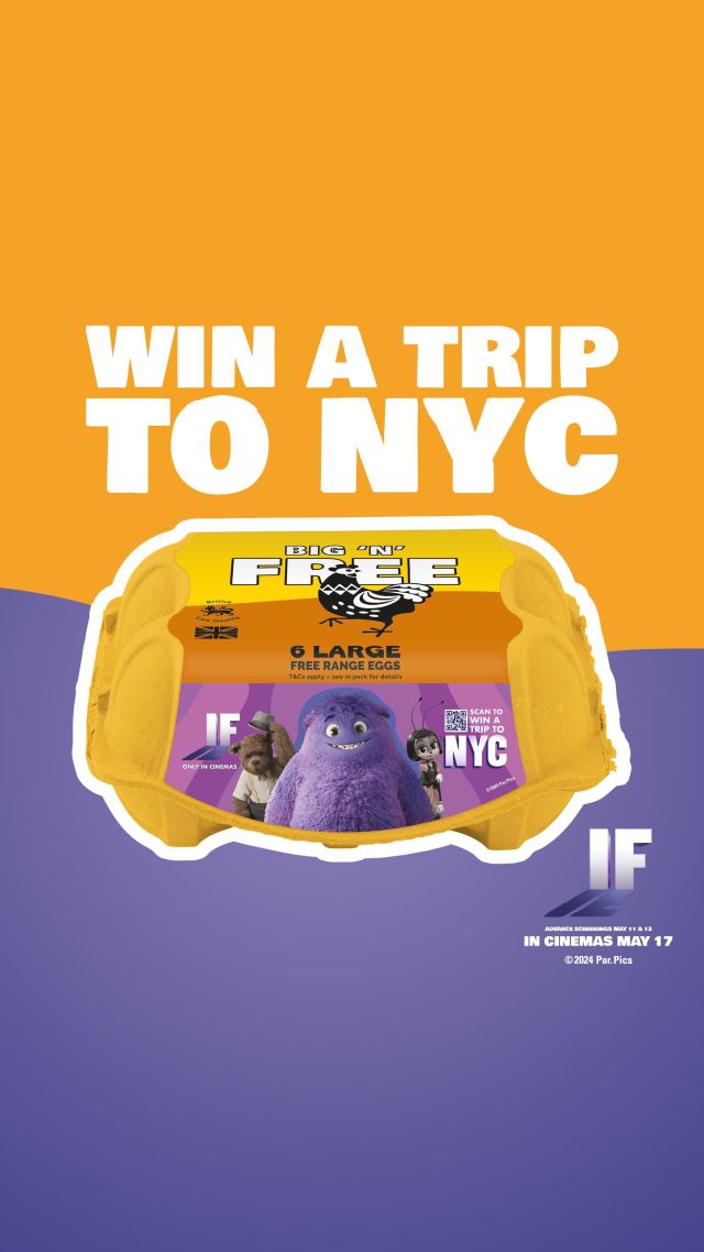 What IF you won a family trip to NYC? 🗽
Think of all the fun you’d have! To celebrate the release of @ifmovie, advance screenings May 11 & 12, in UK cinemas May 17, we’re giving @freeggsco customers the chance to WIN an adventure-filled family getaway to the BIG apple.

This once-in-a-lifetime prize for a family of 4 includes:
- Flights and transfers
- 4 nights in a luxury hotel
- Metro card tickets
- Tickets to a private ‘IF’ inspired painting party
- Unlimited rides wristbands at Coney Island
- Entry to New York’s Creative Museum
- A toy building workshop
- Multi-sensory experience at the Observation Deck
- Ice cream sundaes at a top dessert bar

HOW TO ENTER?
Pick up a pack of our #IFmovie branded egg boxes on your weekly shop, scan the QR code on pack to discover our competition page and simply enter our free prize draw for your chance to win. Competition closes 15th July 2024. Winner announced 22nd July 2024. Terms and Conditions apply.