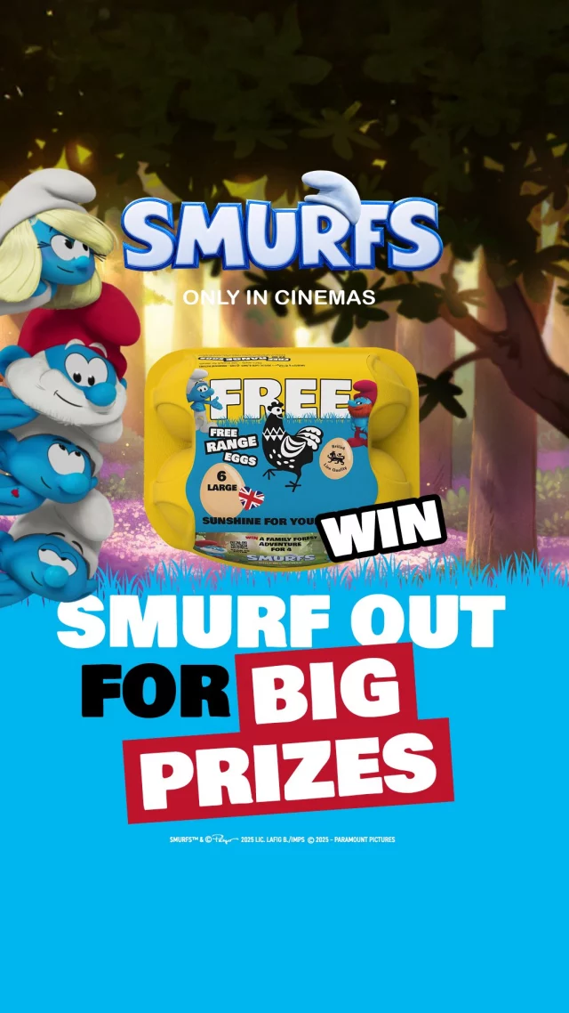 🎶La la la la... your Smurfy, family forest adventure awaits! 💙

With Smurfs lighting up the big screen, have you entered yet? Find our smurf-tastic FREE egg boxes and you could win a weekend escape to a Smurf Village-like woodland location! Geocaching, nature trails, and hot tubs... Smurf fun for the whole family! Don’t miss out!
‌
🎬 Smurfs – only in cinemas.
🥚 Look out for our Smurftastic FREE egg boxes on supermarket shelves up and down the country for your chance to get your Smurf on and win ‘blue-tiful’ prizes. T&Cs apply.
‌
#SmurfsMovie #FREEeggs
