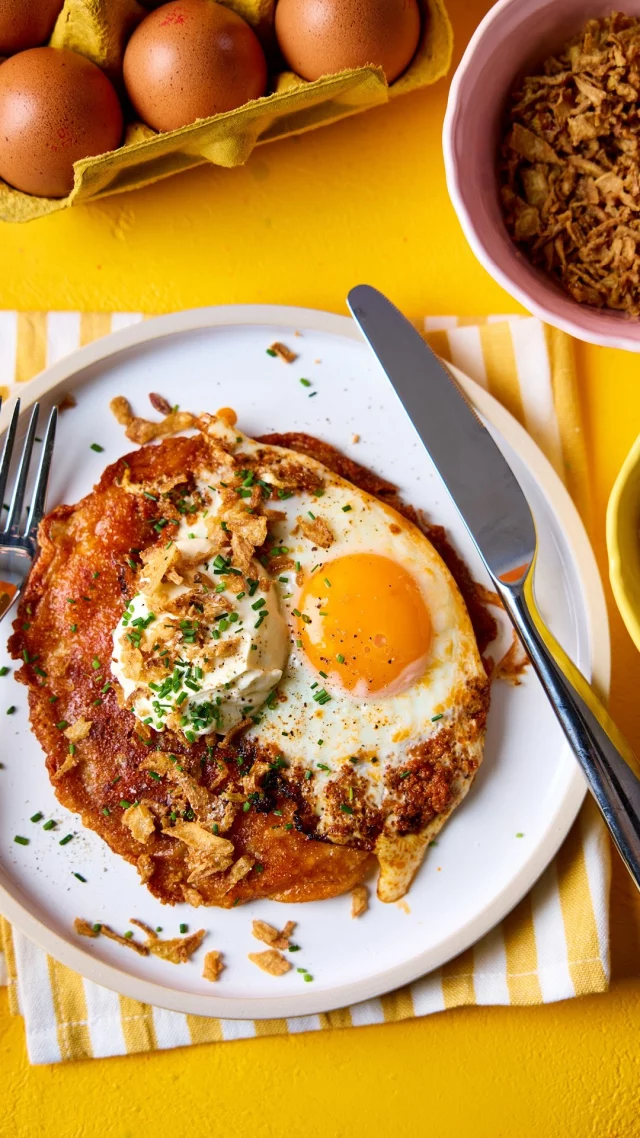 Crispy, cheesy, golden and topped with a perfectly fried FREE egg.

If you’re looking for a speedy brunch or fuss-free lunch, these sweet potato patties are about to become your new favourite. With a deliciously crispy cheese crust, a runny FREE egg and a spoonful of pesto, they are packed with flavour and ready in just 10 minutes.

The best bit? Everyone can make them their own. Think crispy onions, fresh chives, a dollop of soured cream or a drizzle of chilli oil for an eggs-tra tasty finishing touch 💛
Simple ingredients, family-friendly and seriously delicious - now that’s a crackin’ recipe.

Who will be tucking into these this weekend?

Cook: 10 mins

Serves 4 people
‌
Ingredients:
‌
2 medium/large sweet potatoes, cooked and cooled
100g grated mozzarella and cheddar
Sea salt and cracked black pepper
2 tbsp red pesto or chilli oil
4 large FREE eggs
To serve
Soured cream or crème fraiche
Sea salt and cracked black pepper
Crispy onions
Chives, finely chopped
You will need
Burger press (or small frying pan)
Parchment paper

Method:

Cut the cooked sweet potatoes in half to create 4 portions. Place each piece between two sheets of parchment paper and squash down into patties using a burger press or the base of a small frying pan.

Heat a large frying pan over a medium-high heat and make 4 small piles of grated cheese roughly the same size as your patties. Let the cheese melt and sizzle before carefully placing the sweet potato patties on top.

Fry for 2–3 minutes until the cheese turns beautifully golden and crisp underneath. Carefully flip and cook for another 2–3 minutes until both sides are deliciously crispy.

Meanwhile, heat a second frying pan and spoon in 4 dollops of pesto or chilli oil. Crack a FREE egg onto each one and fry for 3–4 minutes until the whites are set and the edges are lovely and crispy.

To serve, place a sweet potato patty onto each plate and top with a fried FREE egg. Add a generous spoonful of soured cream or crème fraiche, then season with sea salt and cracked black pepper.

Finish with crispy onions and fresh chives for the ultimate crunchy, creamy, golden bite.