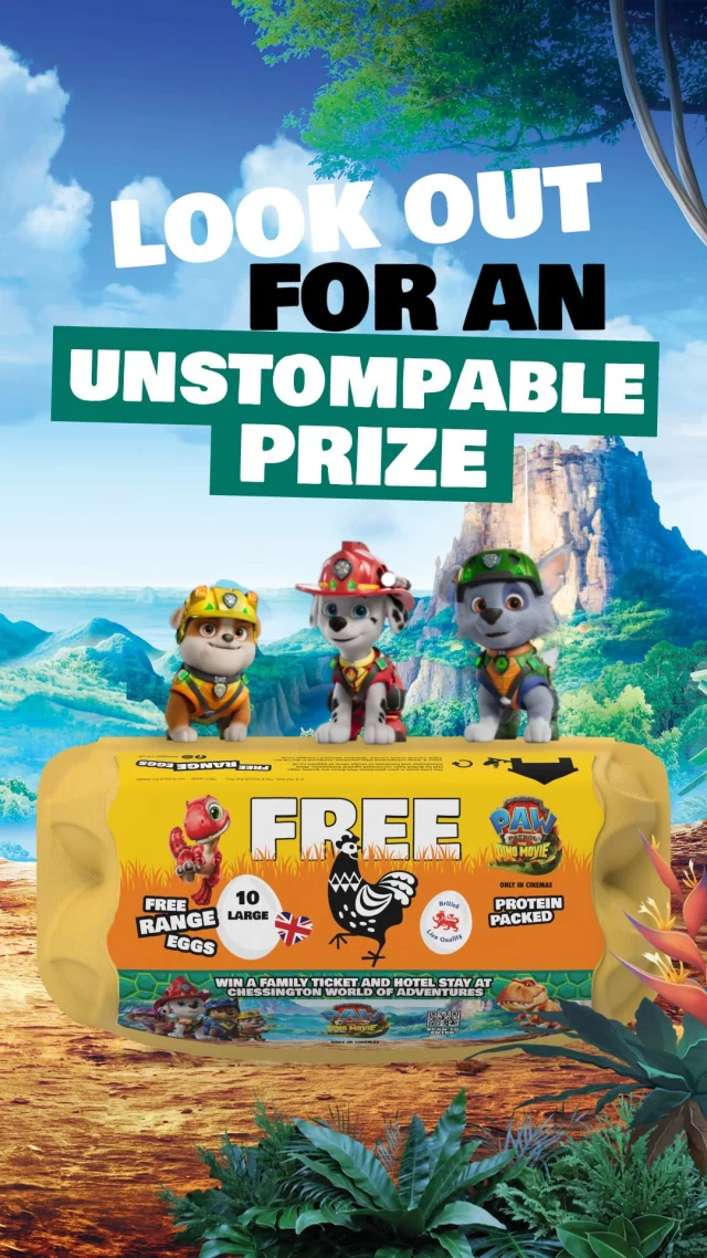 Have you spotted Chase and friends on our FREE egg boxes? 

This summer, to celebrate the release of PAW Patrol: The Dino Movie, in cinemas August 7, This summer, your favourite PAW Patrol pups have landed on pack and they’re bringing an amazing giveaway with them!

One lucky family could win a trip to @chessingtonworldofadventures, including an overnight hotel stay, where you’ll have the chance to meet your favourite PAW Patrol characters and enjoy exciting attractions including Chase’s Mountain Mission and Skye’s Helicopter Heroes. 

Now that’s something to roar about!

PAW Patrol: The Dino Movie –in cinemas 6th August 7.

Scan the QR code on our PAW Patrol-themed FREE egg boxes in Tesco stores nationwide for your chance to win some paw-some prizes. T&Cs apply.

#PAWPatrolMovie